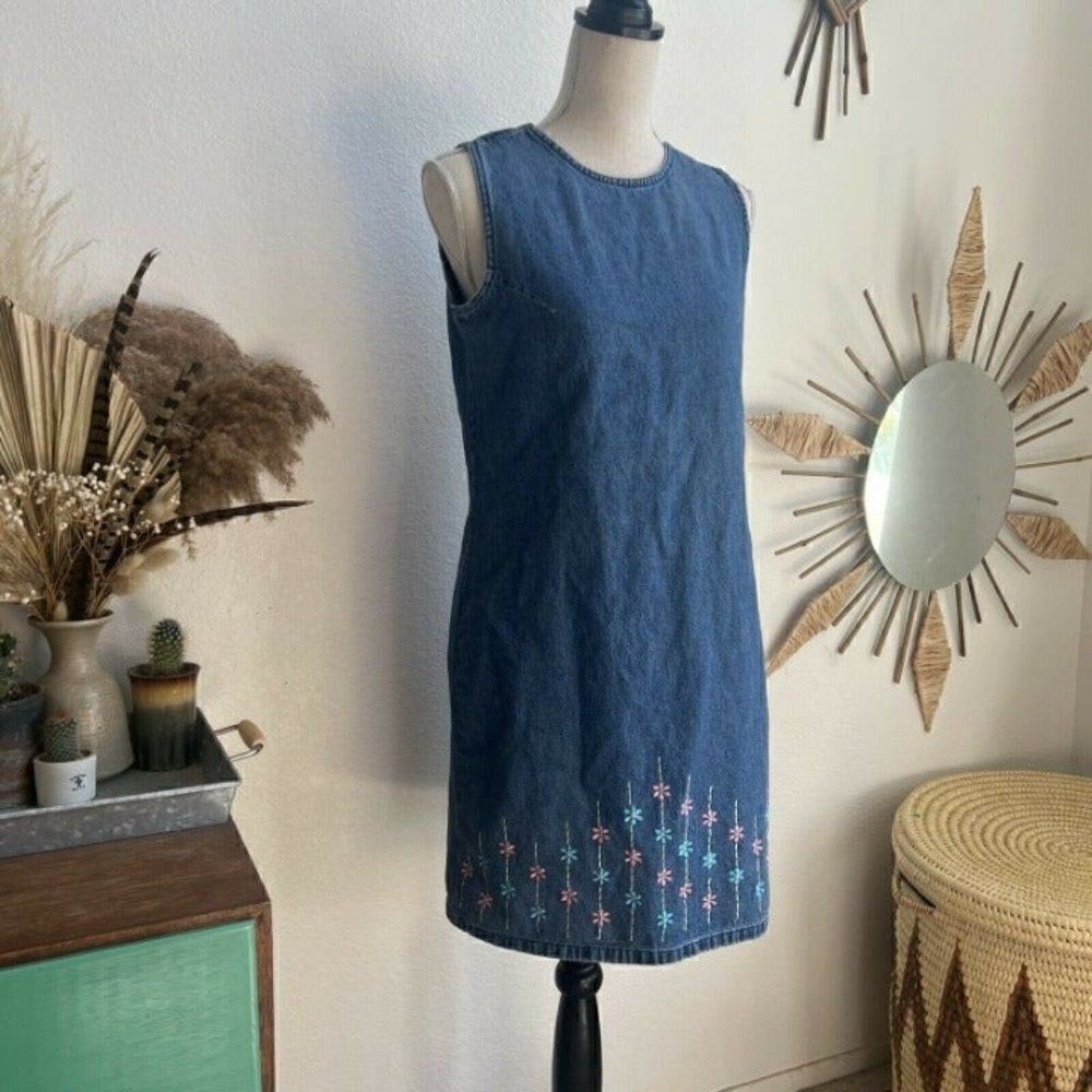 A.M.I. Vintage Women Denim Floral Embroidered Sleeveless Short Dress boho Medium - Picture 7 of 9